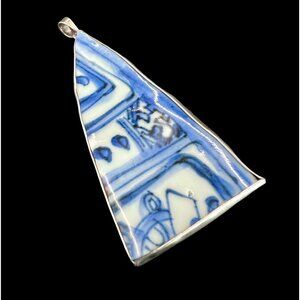 Antique Qing Dynasty Blue White Porcelain Large Shard Sterling Silver Pendant